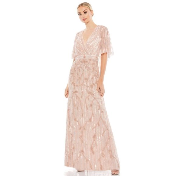 Mac Duggal 9064 Beaded Cap Sleeve Faux Wrap Maxi Dress Size 4 In Blush Pink